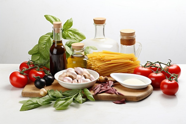 Photo vue d'angle élevé des ingrédients frais et des pâtes italiennes crues