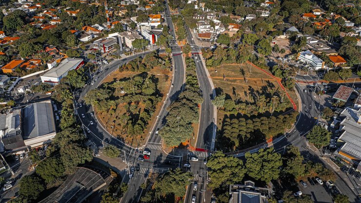 Photo vue d'angle élevé de la rue au milieu des arbres de la ville