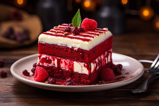 Vue d'angle élevé d'une tranche de gâteau de velours rouge servie dans une assiette