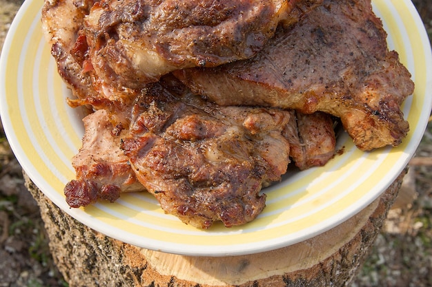 Vue d'angle élevé de la viande dans l'assiette sur la table