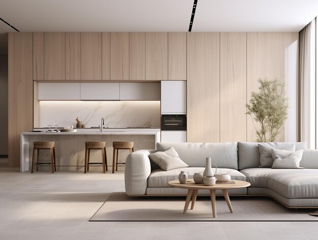 Vue d'angle sur l'intérieur lumineux du studio avec table à manger placard mur blanc parquet en bois de chêne