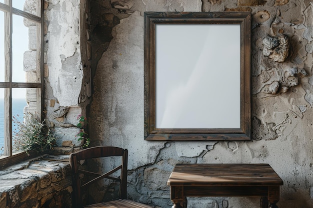 Vue angulaire d'une affiche blanche dans un cadre en bois et un verre vintage dans une pièce toscane