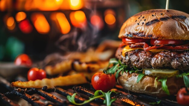 Photo vue angulaire d'un hamburger gourmet sur un décor de gril