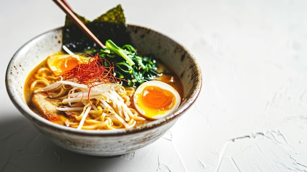 Vue angulaire d'un Miso Ramen épicé sur un fond blanc propre