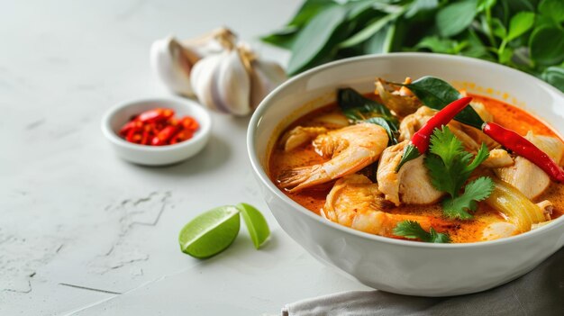 Vue angulaire d'un poulet Tom Yum épicé sur un fond blanc propre