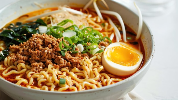 Vue angulaire d'un Tan Tan Ramen sur un fond blanc