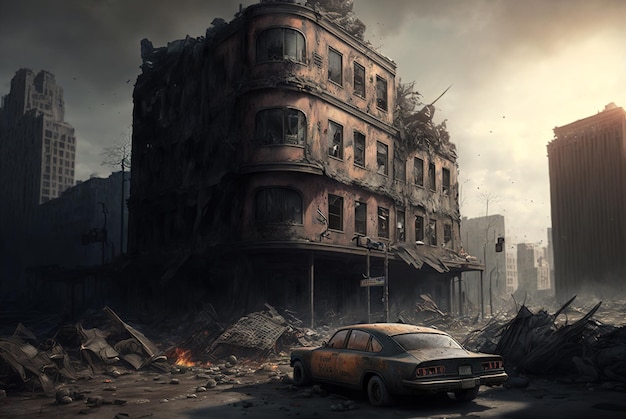 Vue apocalyptique des bâtiments de la ville détruits après l'apocalypse après la guerre mondiale IA générative