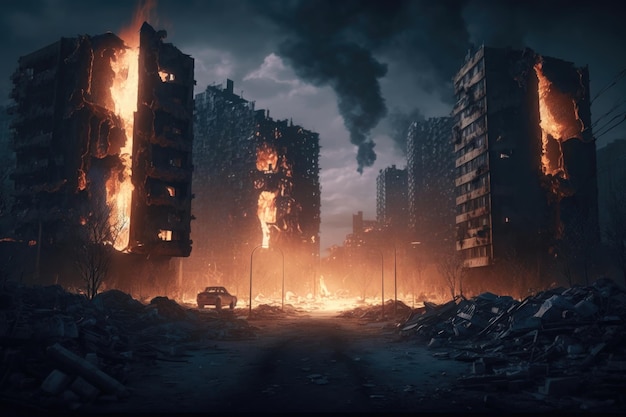 Vue apocalyptique des bâtiments de la ville en feu après la guerre AI Generation