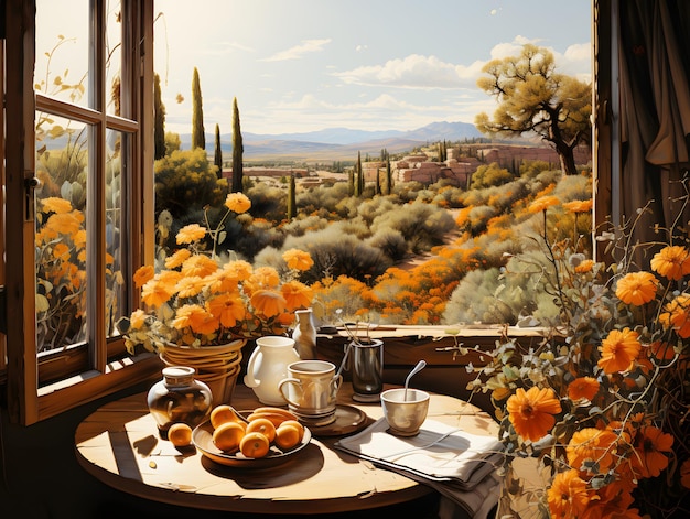 Vue aquarelle de la campagne et de la nature depuis la fenêtre Petit déjeuner le matin