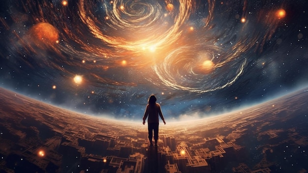 Vue Arafed d'une personne debout devant une spirale d'étoiles IA générative