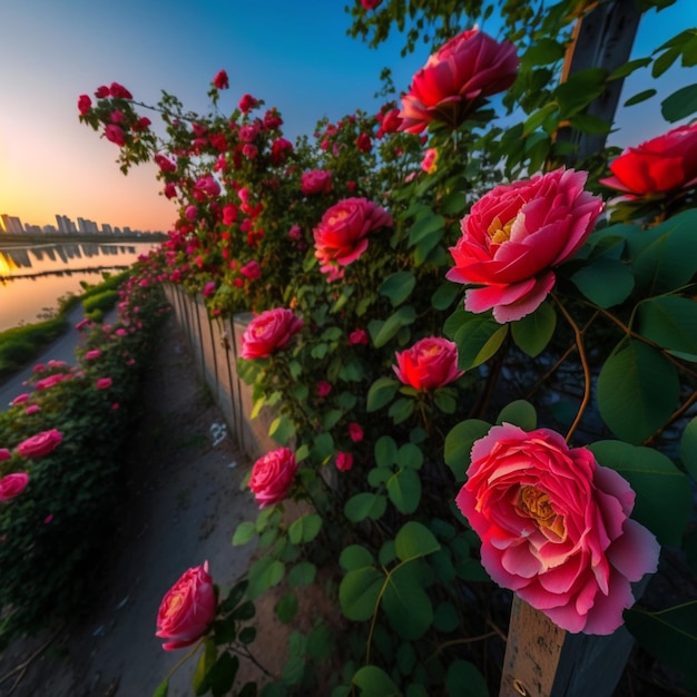 vue arafée d'une clôture avec des roses roses et un plan d'eau IA générative