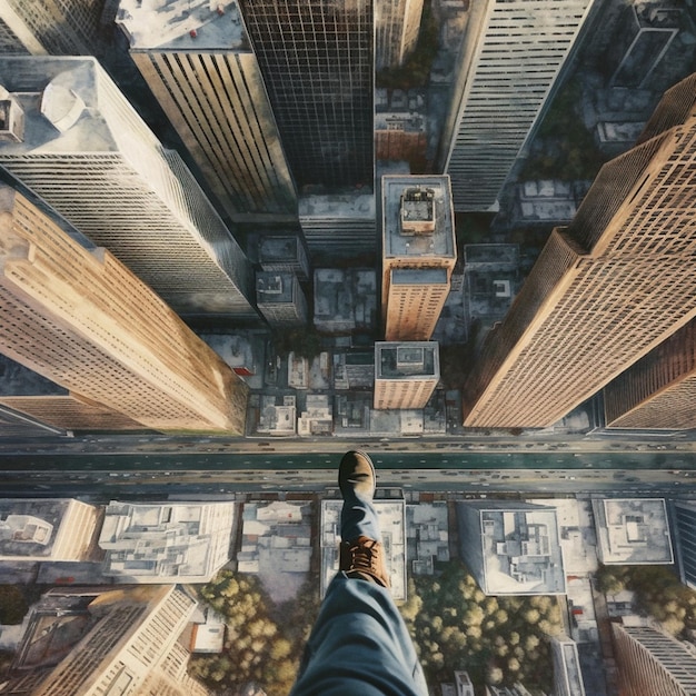 vue arafée d'un homme debout sur un rebord au-dessus d'une ville ai générative