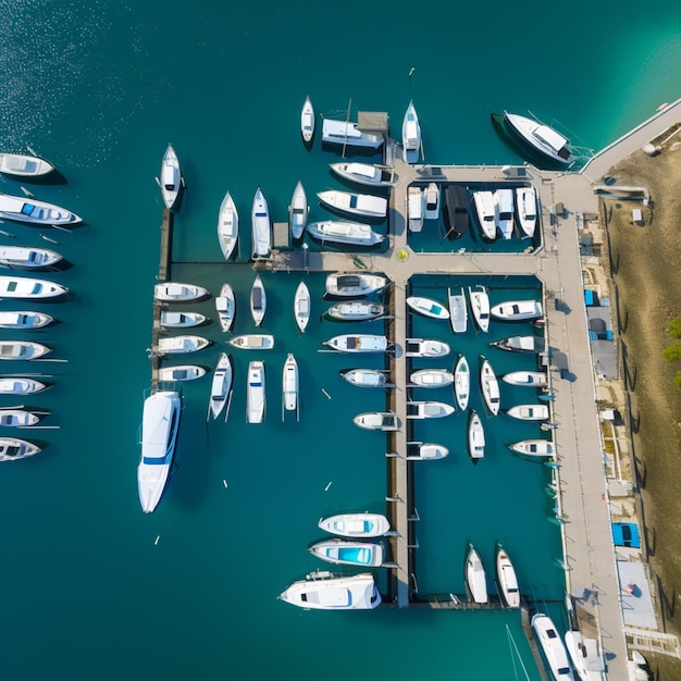 vue arafée d'une marina avec de nombreux bateaux amarrés dans l'eau ai générative