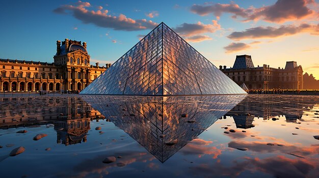 Photo vue arafée d'une pyramide dans une cour avec un reflet du bâtiment génératif ai