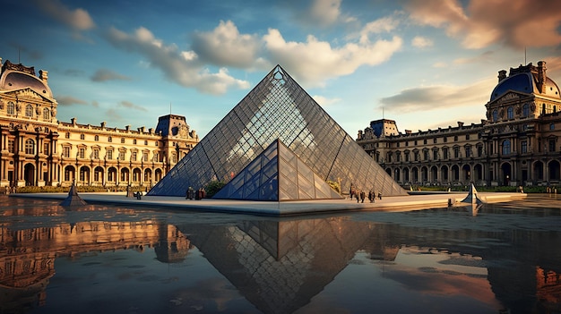 vue arafée d'une pyramide avec une réflexion dans une piscine générative ai