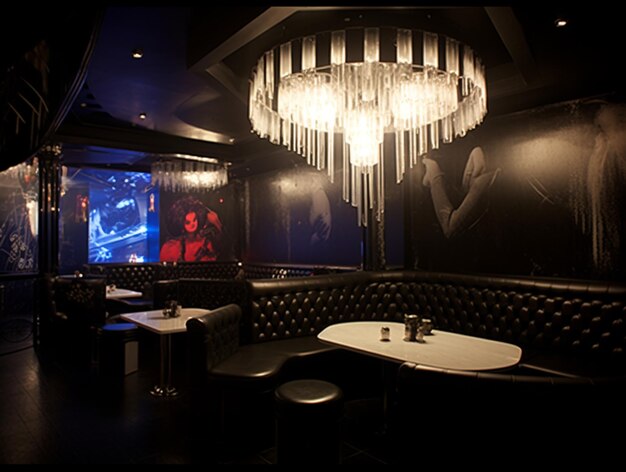 vue arafée d'un restaurant faiblement éclairé avec un lustre et un canapé noir ai générative