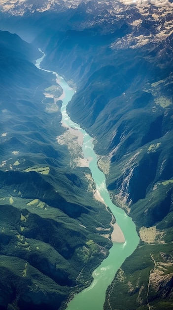 vue arafée d'une rivière qui traverse une vallée dans les montagnes ai générative