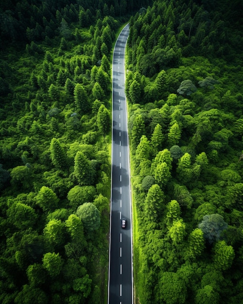 vue arafée d'une route entourée d'arbres et d'herbe verte ai générative