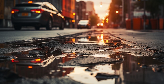 vue arafée d'une rue de la ville avec une flaque d'eau ai générative