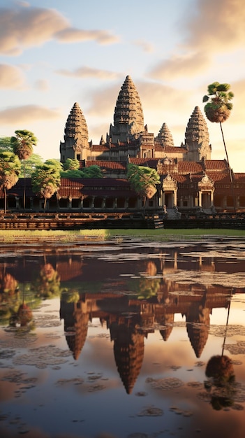 vue arafée d'un temple avec un reflet dans l'eau ai générative