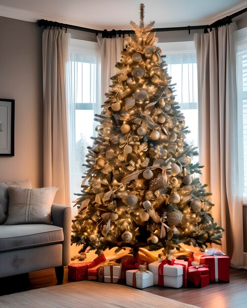 Vue d'un arbre de Noël magnifiquement décoré à la maison