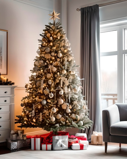 Photo vue d'un arbre de noël magnifiquement décoré à la maison