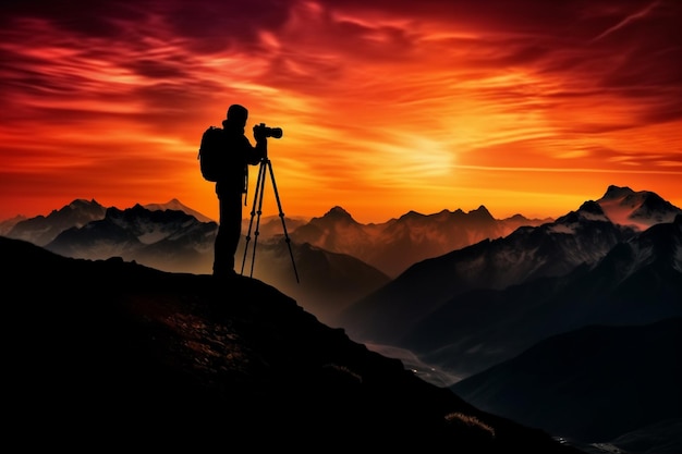 vue arrafée d'un homme prenant une photo d'une chaîne de montagnes générative ai