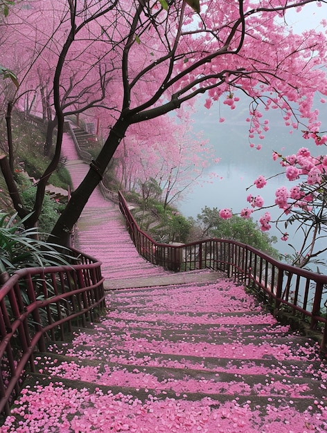 Photo vue arrafée d'une passerelle en bois avec des fleurs roses sur le sol