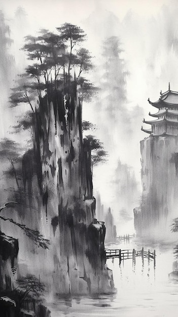 vue arrafée d'une peinture chinoise d'une montagne avec un pont génératif ai