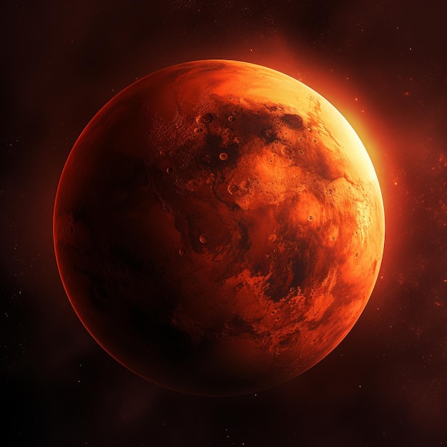 vue arrafée d'une planète rouge avec un soleil brillant en arrière-plan