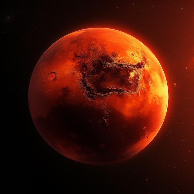 vue arrafée d'une planète rouge avec un soleil brillant en arrière-plan