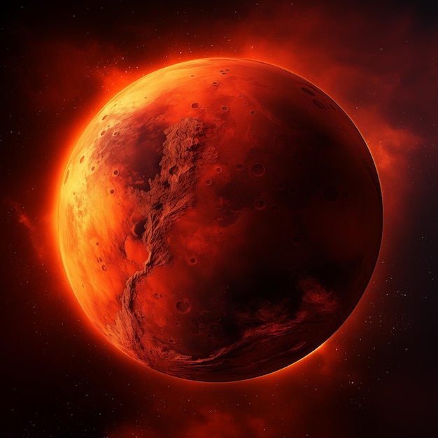 vue arrafée d'une planète rouge avec un soleil orange vif génératif ai