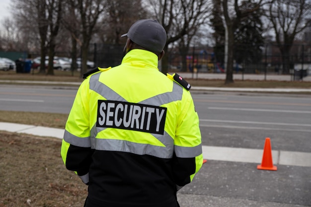 Vue arrière d'un agent de sécurité surveillant le parking