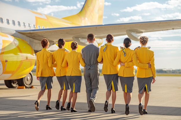 Vue arrière des agents de bord hommes et femmes portant l'uniforme de l'aviation en se dirigeant vers l'avion à l'aéroport