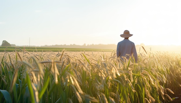 Vue arrière d'un agriculteur debout au milieu d'un champ de blé