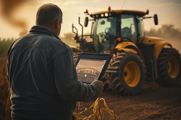 Photo vue arrière d'un agriculteur avec une tablette travaillant dans le champ un conducteur de tracteur masculin utilisant des technologies modernes pour contrôler et analyser le tracteur