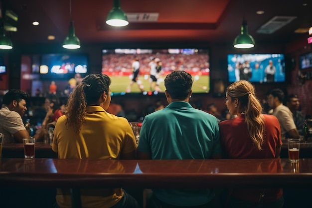 Vue arrière d'amis regardant un match dans un bar sportif sur des écrans