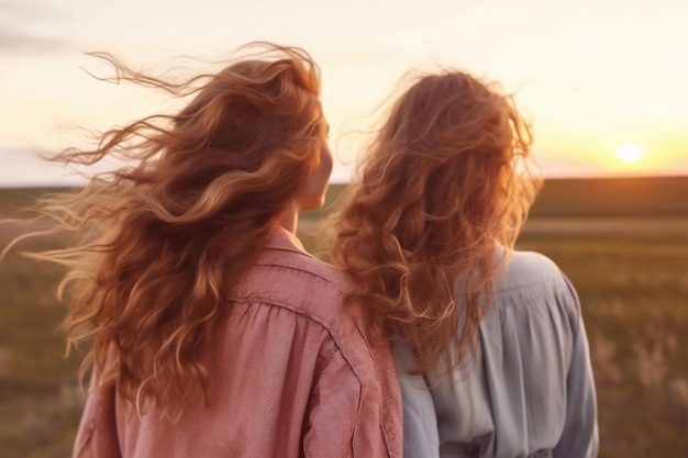 Vue arrière arrière de copines profitant du coucher de soleil Deux jeunes femmes s'évadent de la routine générée par l'IA