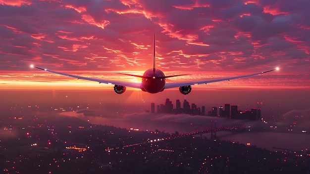 Vue arrière d'un avion en plein vol avec la ville au coucher du soleil en dessous Voyage en vol conceptuel