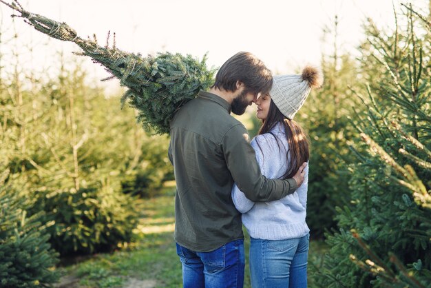 Vue arrière d'un beau jeune couple portant un bel arbre de Noël parmi les plantations de sapins