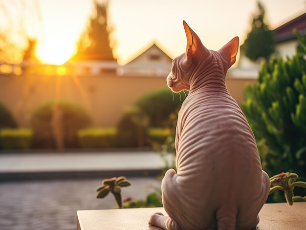 Vue arrière d'un chat sphynx en attendant son propriétaire à l'extérieur de la maison.