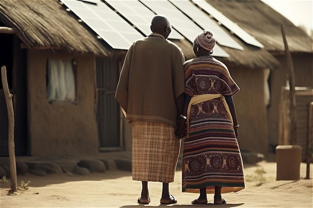 Vue arrière d'un couple africain âgé en vêtements traditionnels devant des panneaux solaires dans un village africain Generative AI