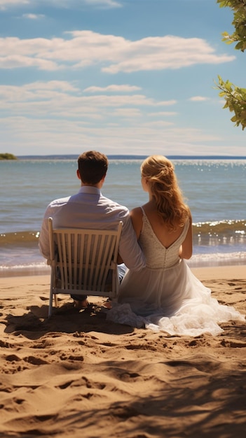 Une vue arrière d'un couple d'amoureux mariés assis au bord de la plage Fond d'écran mobile vertical