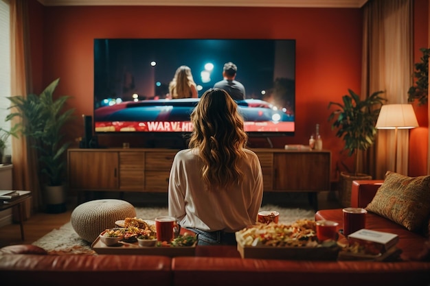 Vue arrière d'un couple dans le salon regardant un film à la télévision tout en mangeant des plats à emporter