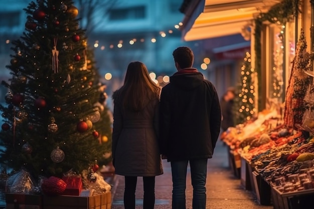 Vue arrière d'un couple faisant du shopping pendant la période de Noël Generative AI