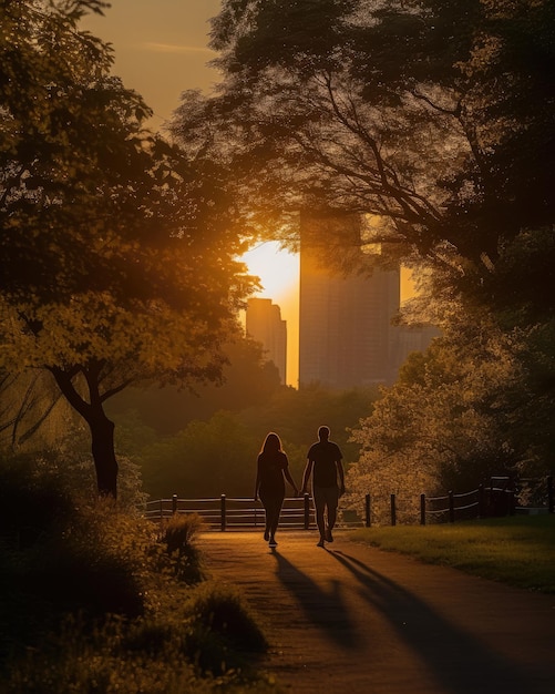 Vue arrière d'un couple marchant main dans la main silhouetté contre le coucher de soleil dans un parc urbain avec un ra