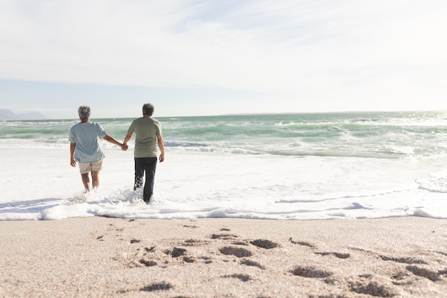 Vue arrière d'un couple multiracial senior tenant la main pataugeant sur le rivage à la plage pendant la journée ensoleillée