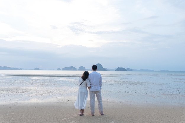 Vue arrière d'un couple sur la plage contre le ciel