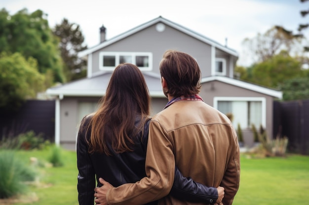 Vue arrière d'un couple s'embrassant devant la nouvelle maison