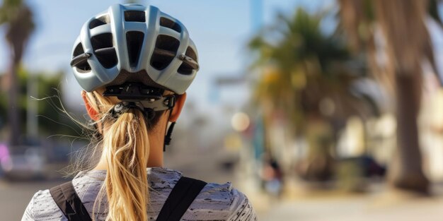 Vue arrière d'une cycliste le long de la côte d'une ville touristique AI générative